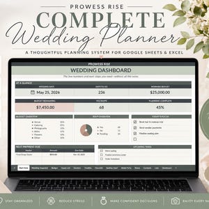 May include: A digital wedding planner displayed on a laptop screen, featuring a dashboard with budget, RSVP, and task tracking. The interface includes text such as Prowess Rise, Wedding Dashboard, and May 25, 2026, with icons for Google Sheets and Excel.