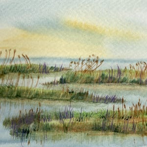 K&ouml;nnte beinhalten: Ein Aquarellgem&auml;lde, das eine Sumpflandschaft mit gr&uuml;nen Grasfl&auml;chen und hohen braunen Schilfrohren zeigt, die aus flachem Wasser ragen. Der Horizont zeigt einen weichen, dunstigen Himmel in blassgelben und blauen T&ouml;nen, signiert mit SAB 2023.