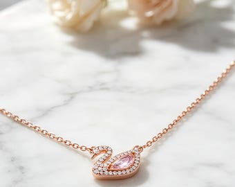 Swarovski Pink Swan Necklace, Rose Gold Crystal Pendant, Elegant Swan Jewelry, Romantic Gift for Women, Dainty Necklace for Girlfriend Wife