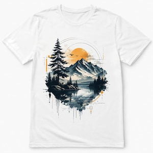 Puede incluir: Una camiseta blanca de manga corta con un estampado gráfico circular de un paisaje montañoso con un lago, pinos y un gran sol naranja. El diseño incluye líneas geométricas, puntos y salpicaduras de tinta en el borde inferior.