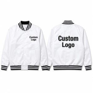 Personalized Custom Logo Varsity Jacket, Men's White Bomber Satin Jacket