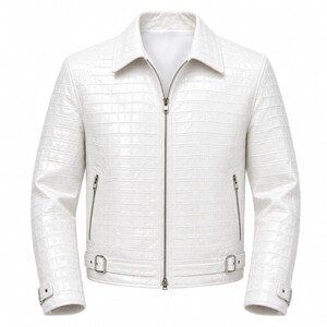 May include: A white jacket featuring a glossy, embossed crocodile skin texture throughout. The garment includes a pointed collar, a full-length silver-toned front zipper, two zippered side pockets, and adjustable buckle straps at the waist and cuffs.