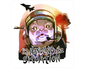 Aviator Cat 'I'm Handling the Situation' Sticker Kiss-Cut | Pilot Helmet, Explosion Art