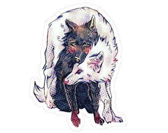 Dark and White Wolves Embrace Sticker | Kiss-Cut Sticker