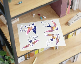 Colorful Swallow Birds Sticker Sheets | Pastel Winged Bird Decal