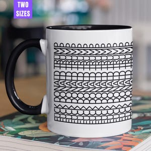 May include: A white ceramic mug with a black handle and interior, featuring a repeating black graphic pattern of the text "FUCK DONALD TRUMP" arranged in horizontal rows. A purple box in the upper left corner contains the white text "TWO SIZES".
