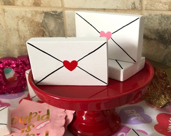 One Mini Wooden Valentines Day Envelope | Love Letters | Vday Decor | Pink and Red Hearts | Tiered Tray Decor | Vday Gift | Ready to Ship