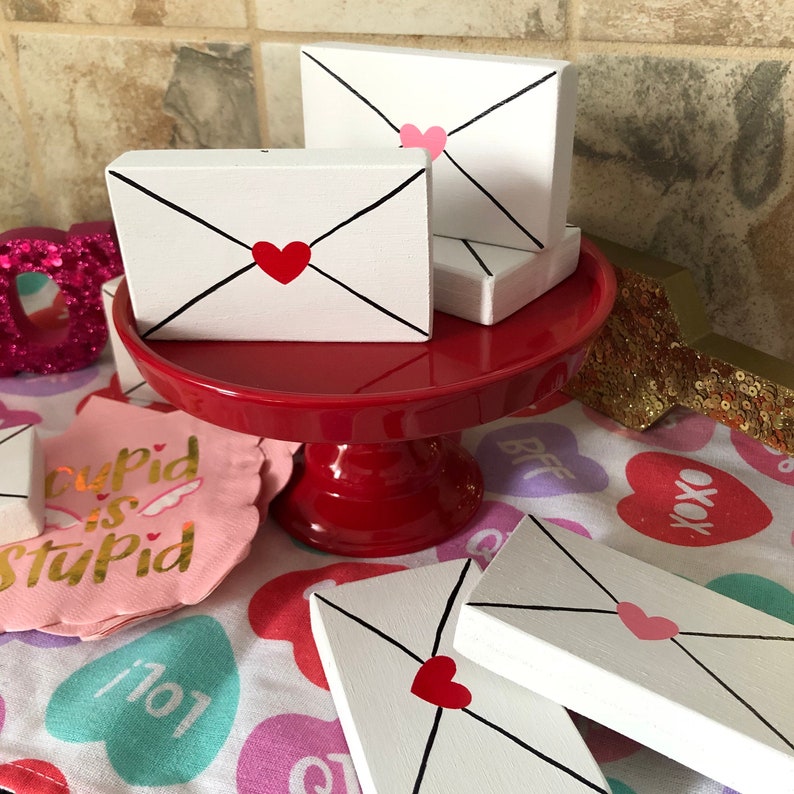 One Mini Wooden Valentines Day Envelope Love Letters Vday Decor Pink and Red Hearts Tiered Tray Decor Vday Gift Ready to Ship image 1