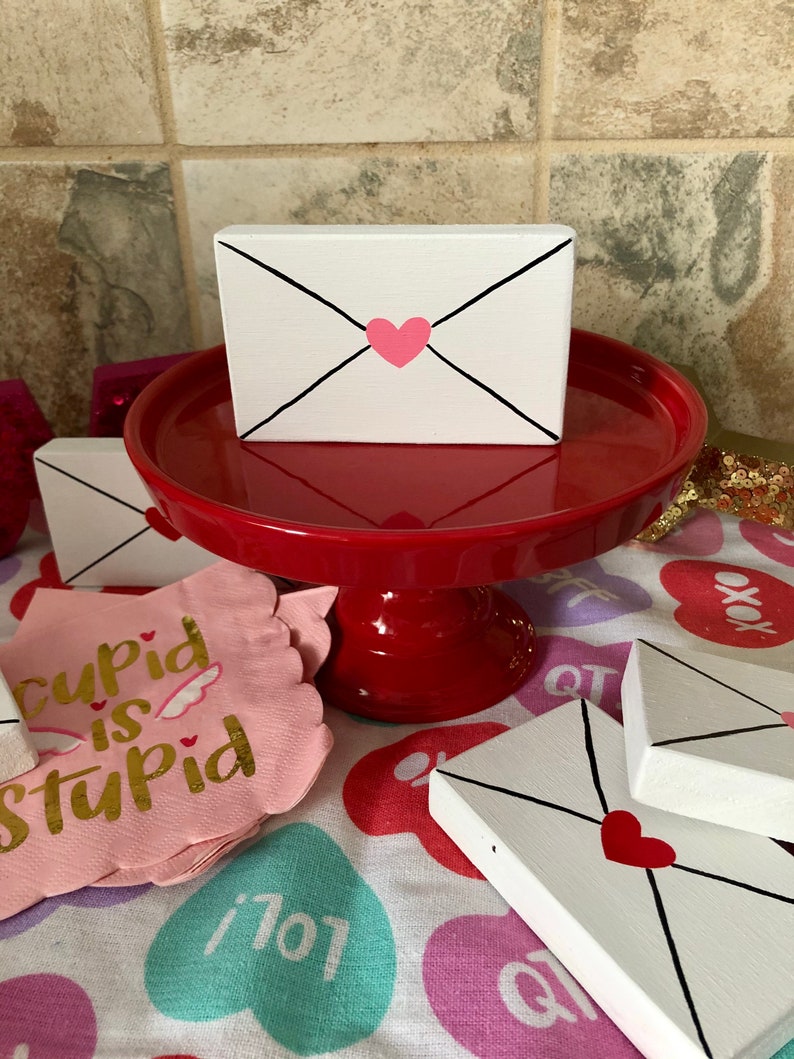 One Mini Wooden Valentines Day Envelope Love Letters Vday Decor Pink and Red Hearts Tiered Tray Decor Vday Gift Ready to Ship image 5