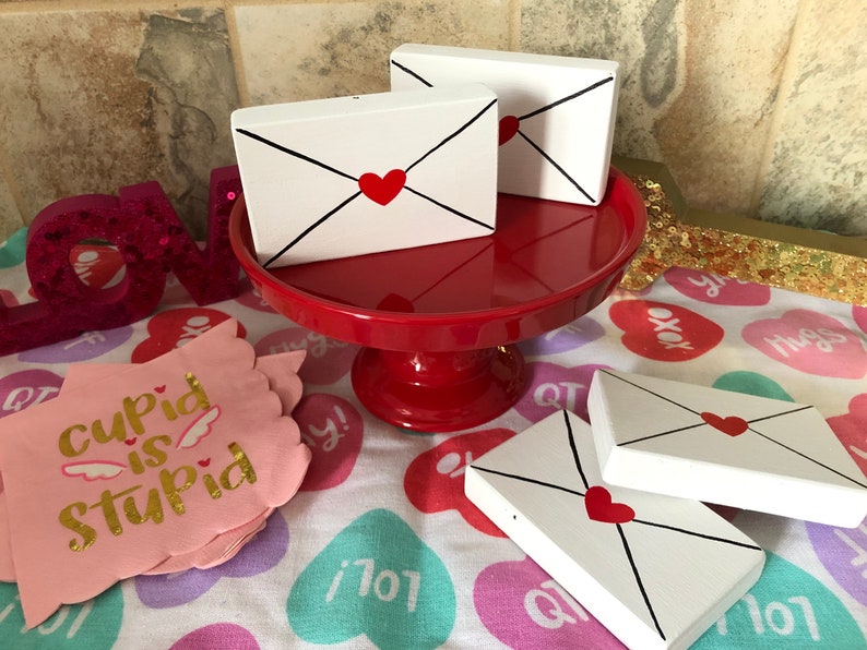 One Mini Wooden Valentines Day Envelope Love Letters Vday Decor Pink and Red Hearts Tiered Tray Decor Vday Gift Ready to Ship Red