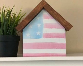 4th of July Farmhouse Decor | American Flag Watercolor Sign | Patriotic Wood Sign | Summer Tiered Tray | Fourth of July Farmhouse Mantle