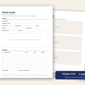Puede incluir: Una guía de puntadas en PDF rellenable de cuatro páginas con texto azul oscuro sobre papel blanco. El documento incluye secciones para detalles del lienzo, información de hilos e instrucciones con líneas en blanco para datos de bordado.