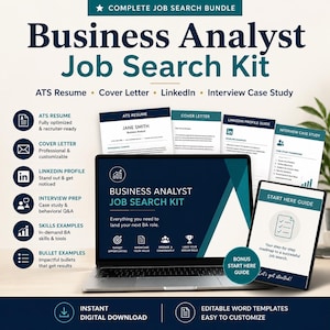 May include: A digital Business Analyst Job Search Kit bundle featuring a laptop displaying the kit title, printed document templates for resumes, cover letters, and guides, with icons and text detailing ATS resume, LinkedIn, and interview prep.