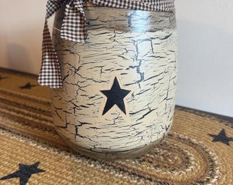 Primitive, rustic farmhouse, Country utensil holder black star tan paint crackled with a star