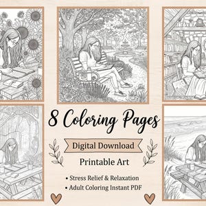 May include: A collection of 8 coloring pages featuring line art illustrations of a person writing or drawing in various settings including a sunflower field, a park bench, a library, a forest, and a beach, with text reading 8 Coloring Pages.