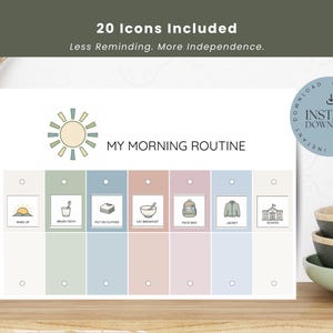 以下が含まれることがあります： 太陽のアイコンと「MY MORNING ROUTINE」というテキストが記載された、印刷可能な朝のルーチンチャート。チャートには、落ち着いたパステルカラーの7つの垂直列があり、それぞれに小さな正方形のアイコンと毎日のタスクのテキストラベルが含まれています。