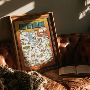 Vintage Utah Map Poster | Greetings From Utah Retro Travel Wall Art | Framed Canvas | National Park Decor | Road Trip Art Print