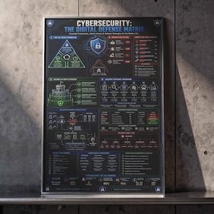 May include: A framed educational poster titled Cybersecurity: The Digital Defense Matrix, featuring a dark background with blue, green, and red diagrams, charts, and text detailing security frameworks, attack vectors, and defense strategies.