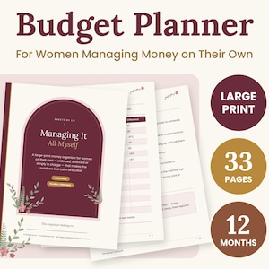 Puede incluir: Un planificador de presupuesto con un diseño de arco granate en la portada y el texto 'Managing It All Myself'. Incluye 33 páginas para 12 meses de seguimiento financiero, con letra grande, detalles florales y hojas de presupuesto.