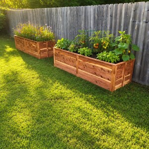 May include: Two rectangular raised garden beds constructed from horizontal cedar wood planks. The beds are filled with soil and various plants, including green leafy vegetables, tomato plants with red tomatoes, and colourful wildflowers.