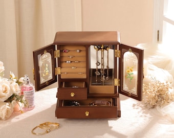 Wooden Jewelry Armoire Cabinet, Large Jewelry Storage Box, Necklace Earring Ring Organizer, Gift for Her, Personalized jewelry case
