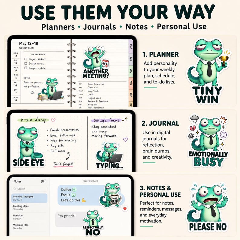 Funny Office Lizard Stickers, Sarcastic Work Reactions (Digital ...