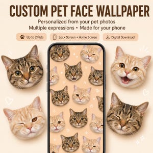 Könnte beinhalten: Ein Smartphone mit einem benutzerdefinierten Hintergrundbild, das ein wiederkehrendes Muster aus verschiedenen Katzengesichtern mit unterschiedlichen Ausdrücken zeigt. Der Text lautet CUSTOM PET FACE WALLPAPER, Personalized from your pet photos, Multiple expressions, Made for your phone.