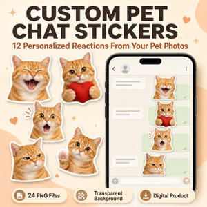 Op de afbeelding: Aangepaste huisdier-chatstickers met 12 gepersonaliseerde reacties van huisdierfoto's. De afbeelding toont een smartphonescherm met kattenstickers in een chatinterface, met de tekst CUSTOM PET CHAT STICKERS, 24 PNG Files en Digital Product.