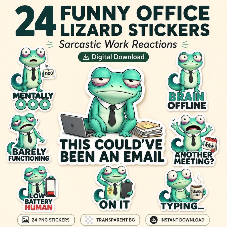 Funny Office Lizard Stickers, Sarcastic Work Reactions (Digital ...