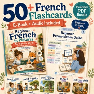 Peut inclure: Un ensemble de produits numériques comprenant 50+ cartes mémoire de français, un livre électronique intitulé Beginner French in Pictures et un guide de prononciation. Le matériel inclut des cahiers illustrés et des ressources audio.