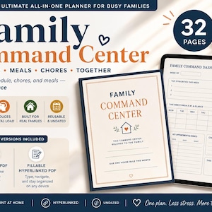 Family Command Center Printable & Fillable PDF, Hyperlinked Home Management Binder, Family Planner, Household Organizer