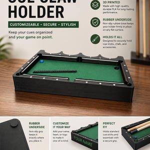 3D Printed Pool/Billiards Cue Claw Secure Cue Holder for Tables and Rails