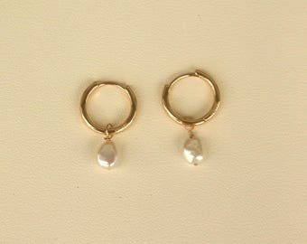 14k Gold Filled White Keshi Pearl Huggie Earrings