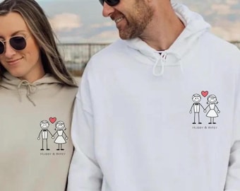 Personalized Couple Matching Stick Figure Hoodie, Custom Sweaters for Wedding, Engagement Gifts for Couple Unique, Bride and Groom Outfits