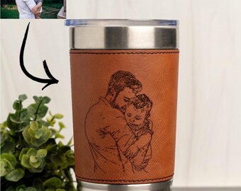 Personalized Photo 20oz Leather Wrapped Tumbler, Custom Fathers Day Gift, Birthday Gift for Dad, Daddy Thermos, Male Tumbler, Thermos Dad