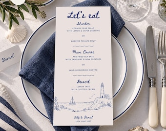 Coastal Wedding Menu Template, Editable Canva Wedding Menu, Seaside Reception Menu, Blue Beach Wedding Stationery, Shore (Digital Download)