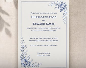 Blue Floral Wedding Invitation Template, Editable Canva Botanical Invite, Elodie Collection (Digital Download)