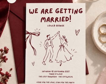 Whimsical Wedding Invitation Template, Hand Drawn Wedding Invite, Burgundy & Pink Wedding Invitation, Editable Canva Template