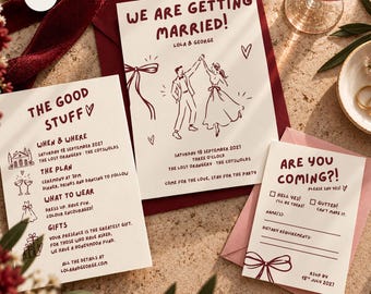 Whimsical Wedding Invitation Suite, Hand Drawn Wedding Stationery Template, Burgundy Wedding Invite, Editable Canva Template