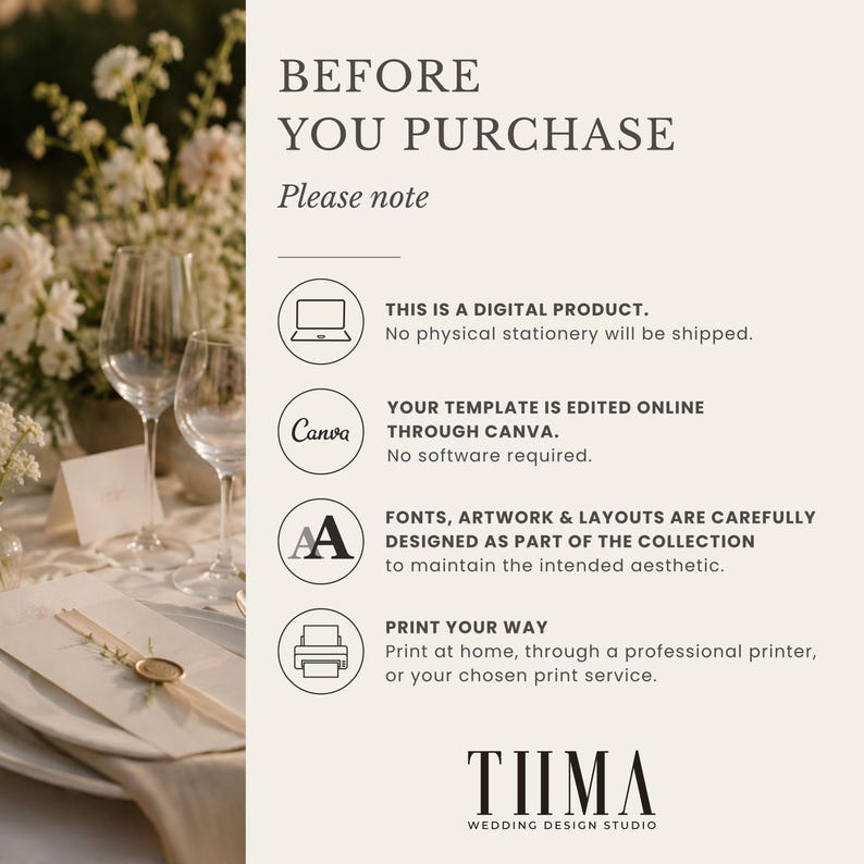 May include: A digital product information card with a beige background featuring the text BEFORE YOU PURCHASE, Please note, and four icons with descriptions explaining that this is a digital template edited in Canva, with no physical items shipped.