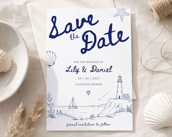 Coastal Save the Date Template | Editable Canva Wedding Save the Date | Beach Wedding Invitation | Nautical Wedding | Shore Collection