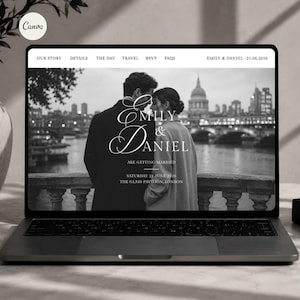 May include: A laptop screen displaying a black and white wedding website template. The header includes navigation links and the text Emily & Daniel 21.06.2026. The main image shows a couple with the text Emily & Daniel Are Getting Married.
