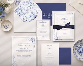 Blue Floral Wedding Invitation Suite, Editable Canva Template, Elodie Collection (Digital Download)