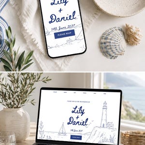 May include: A smartphone and a laptop displaying a wedding website for Lily and Daniel on June 14th, 2027. The digital invitation features a blue ink illustration of a lighthouse, a sailboat, and coastal elements on a white background with a dark blue RSVP button.