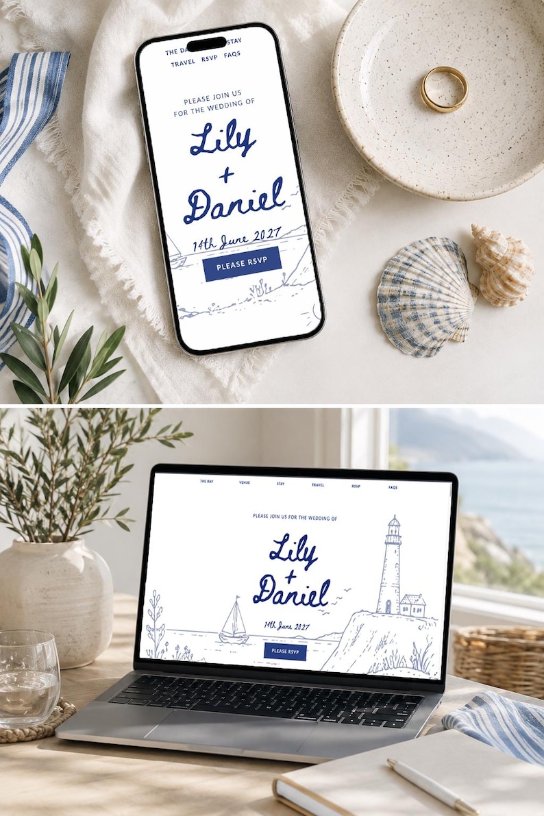 May include: A smartphone and a laptop displaying a wedding website for Lily and Daniel on June 14th, 2027. The digital invitation features a blue ink illustration of a lighthouse, a sailboat, and coastal elements on a white background with a dark blue RSVP button.