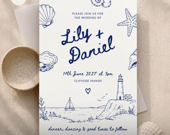 Whimsical Coastal Wedding Invitation Template | Hand Drawn Seaside Beach Invite (Digital Download)