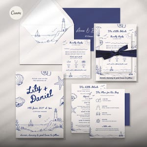 May include: A wedding stationery set featuring navy blue ink illustrations of lighthouses, sailboats, seashells, and starfish on white paper. The set includes an envelope, invitation, RSVP card, and information cards with text in a handwritten script font.