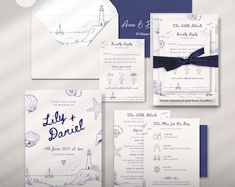 Whimsical Coastal Wedding Invitation Suite, Hand Drawn Seaside Canva Template (Digital Download)