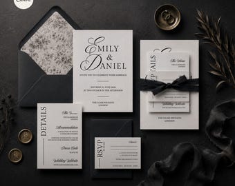Modern Black Wedding Invitation Suite, Minimalist Canva Template, RSVP & Details Card (Digital Download)