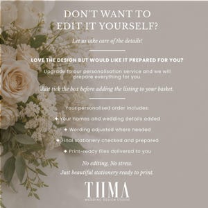 May include: A graphic advertisement featuring a bouquet of white roses and baby's breath on the left, with text on the right explaining a personalization service for wedding stationery, including the brand name TIIMA Wedding Design Studio.